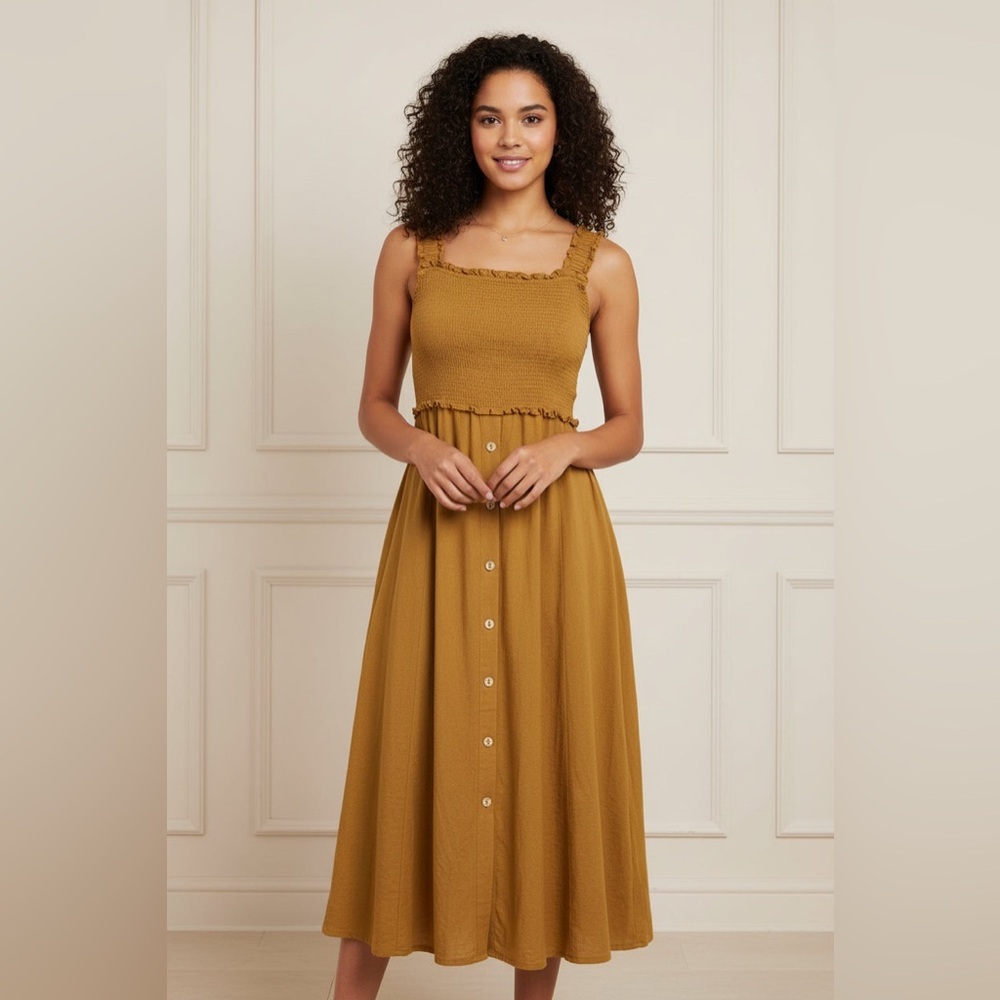 Blu Pepper Mustard Smocked Square-Neck Maxi Dress